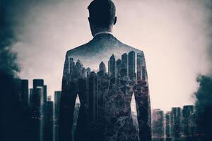 The double exposure image of the business man standing back overlay with cityscape image. The concept of modern life, business, city life and internet of things. photo