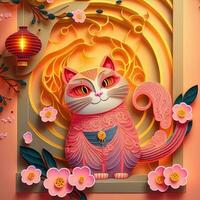 Paper cut quilling multidimensional chinese style cute zodiac cat with lanterns, blossom peach flower in background, chinese new year. Lunar new year 2023 concept photo