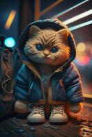 toy cute cat in clothes jacket and sneakers on street background with neon lighting, photo