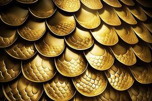 Dragon scales background - gold shining shells . Simple background made of dragon scale armor illustration . photo