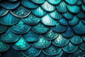 Dragon scales background - turquoise shining shells . Simple background made of dragon scale armor illustration . photo