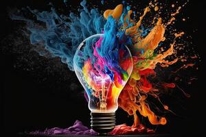 illustration of colorful bulb with splash of colors on black background. Creativity, eureka, imagination, inspiration. . Idea and solution concept photo