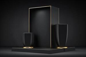 black background and product podium stand studio. Elegant black cube stand for product placement mockup. Minimal box platform showroom with spot light. photo