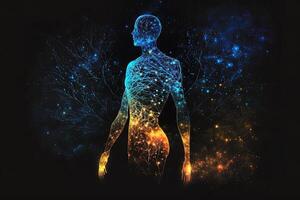 astral cuerpo silueta con resumen espacio antecedentes. esotérico, espiritual vida y meditación concepto. vida futura y conexión con otro mundos creado con generativo ai foto