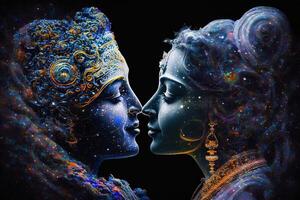 radha Krishna en amor medio Disparo fotografía retrato de cósmico galáctico generativo ai. símbolo de divino amor. Arte impresión para hogar decoración hindú Pareja en resumen decorativo antecedentes foto