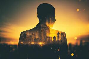 The double exposure image of the business man standing back overlay with cityscape image. The concept of modern life, business, city life and internet of things. photo