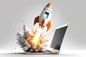 Rocket coming out of laptop screen, white background. AI digital illustration concept of ideas and start up. photo