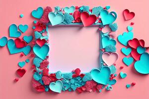 Valentine frame and banner. Red, blue, cyan, pink decoration. flat lay, romantic. Love and valentine day concept. photo