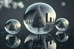 Christmas white decorations on snow with fir tree branches. Winter Decoration Background. Focus of tiny liquid mirror balls falling from the sky , each containing a tiny perfect city inside photo
