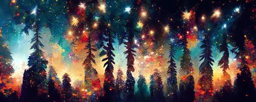 artistic colorful mosaic pattern christmas tree forest milky way at the background. Collage contemporary print with trendy decorative mosaic pattern with different colors, modern art. photo