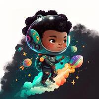 Adorable black boy astronaut, in outer space, standing on a planet, bright colorful asteroids and galaxies, moonlight shining down, chibi style. Emblem for space travel, technology, cute photo
