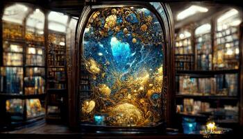 Interior of Magic Library, ornamental glass window, shattered golden nebula, shattered crystals. image of a colorful library of magic, with a large stained glass colorful window photo