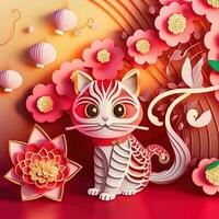 Paper cut quilling multidimensional chinese style cute zodiac cat with lanterns, blossom peach flower in background, chinese new year. Lunar new year 2023 concept photo