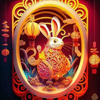 Paper cut quilling multidimensional chinese style cute zodiac rabbit with lanterns, blossom peach flower in background, chinese new year. Lunar new year 2023 concept photo