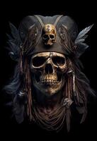 illustration of an old skull pirate on board a ship, a portrait of a captain, a sea wolf, black background, photo