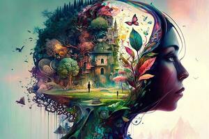 the mind lost deep in thought, thoughts of time and numbers, thoughts of a fantasy land with colorful plants and animals, surreal painting Generation AI photo