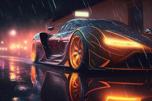 hyper car neon background . Streamline test over the modern car design, diffuse plastic optic, some glowing contours illuminate the car details, dark scene, cinematic lightning photo