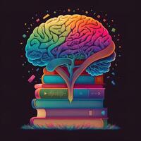 This whimsical image shows a brain with a library inside, its neurons and synapses lit up in a rainbow of joyful colors. A stack of books on a shelf indicates knowledge and learning, photo