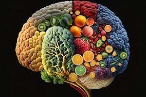 Human brain made of fruits and vegetables created using technology. Concept of nutritious foods for brain health and memory. Illustration Healthy brain food to boost brainpower nutrition photo