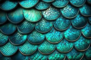 Dragon scales background - turquoise shining shells . Simple background made of dragon scale armor illustration . photo