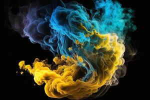 a colorful smoke cloud is shown in this image, it looks like it is floating in the air and is very dark and blue and yellow, with a black background. photo