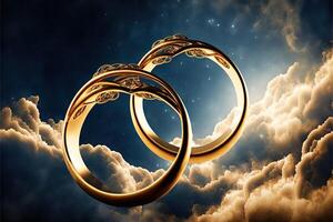 A pair of gold wedding rings floating in the sky. two wedding rings floating in the clouds with a sun in the background and a blue sky with clouds below them. . Wedding concept. photo