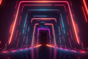 Abstract neon lights into digital technology tunnel. Futuristic technology abstract background with lines for network, big data, data center, server, internet, speed. technology photo
