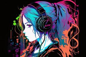 an neon gamer anime fashion girl or woman wearing headphones, lost in her music. abstract background that evokes the feeling of different genres of music. banner music concept photo