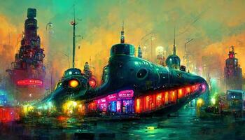 Streets of cyberpunk city, colorful city lights neon signs futuristic steampunk shops, people walking on the street. Industrial cyberpunk neon night city skyline view digital illustration photo