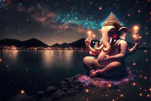 There are many galactic stars in the night sky of a huge massive GANESHA statue, with red lanterns rising in the sky, crowds watching the lantern festival. Ganesha Festival. photo