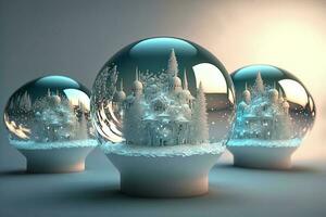 Christmas white decorations on snow with fir tree branches. Winter Decoration Background. Focus of tiny liquid mirror balls falling from the sky , each containing a tiny perfect city inside photo