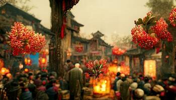 Ancient Chinese village, Chinese New Year, peach flower blossom, multi firework in the sky, bustling market, withered trees. Happy new year concept. Generate AI photo