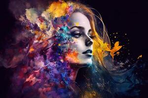 Beautiful fantasy abstract portrait of a beautiful woman double exposure with a colorful digital paint splash or space nebula, photo