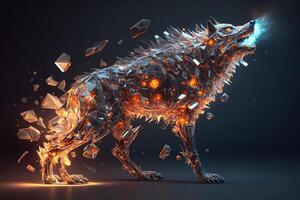 fusion of metal wolf exploding through fire surrounded by scattered glass shards and debris, cosmic energy photo