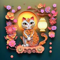 Paper cut quilling multidimensional chinese style cute zodiac cat with lanterns, blossom peach flower in background, chinese new year. Lunar new year 2023 concept photo