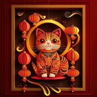 papel cortar encañonado multidimensional chino estilo linda zodíaco gato con linternas, florecer melocotón flor en fondo, chino nuevo año. lunar nuevo año 2023 concepto foto