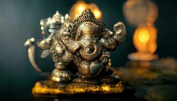 focus on statue of Lord Ganesha, Ganesha Festival. Hindu religion and Indian celebration of Diwali festival concept on dark, red, yellow background and bokeh around photo