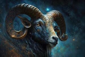 Backdrop of sacred zodiac Aries symbols, astrology, alchemy, magic, sorcery and fortune telling. digital painting. Zodiac sign Aries on the starry sky close up photo