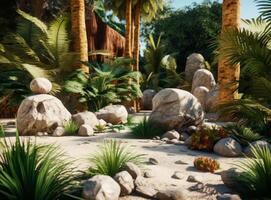 Stones and plants natural background. Illustration photo