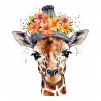 Cute giraffe in hat with flower. Watercolor. Illustration photo