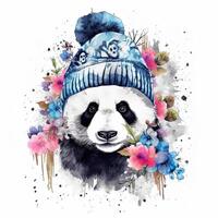 Watercolor panda in hat with flowers. Illustration photo