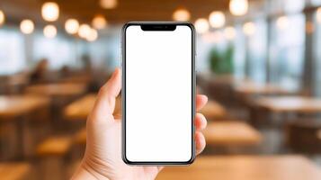 Hand with mobile phone mockup. Illustration photo