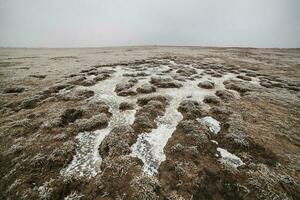 Frozen ground in flat land in winter. photo