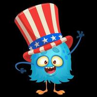 Amusing fluffy  blue cartoon monster wearing Uncle Sam hat. Design character for  Independence Day. Vector illustration for print or decoration