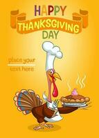 Thanksgiving cartoon turkey chief cook serving pumpkin pie. Vector illustration