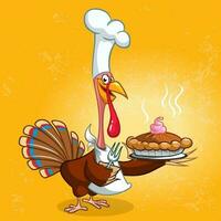 Thanksgiving cartoon turkey chief cook serving pumpkin pie. Vector illustration