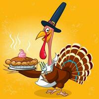 Thanksgiving cartoon turkey chief cook serving pumpkin pie. Vector illustration