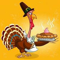 Thanksgiving cartoon turkey chief cook serving pumpkin pie. Vector illustration