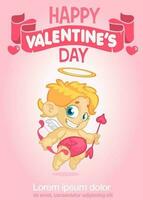 Poster with funny cupid cartoon character with bow and arrow. Vector illustration for Valentine's Day isolated on blue background.