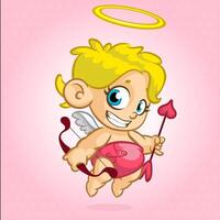 Funny cupid with bow and arrow. Illustration of a Valentine's Day. Vector. Isolated on rose background vector